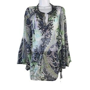 Cache Blouse Womens Small Silk Light Green Blue Lilac Paisley V-Neck Sheer